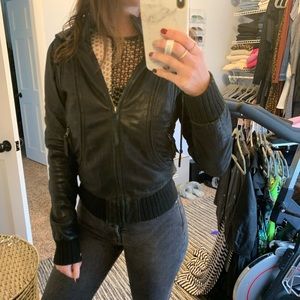 Aqua by Bloomingdale’s hoodie leather jacket